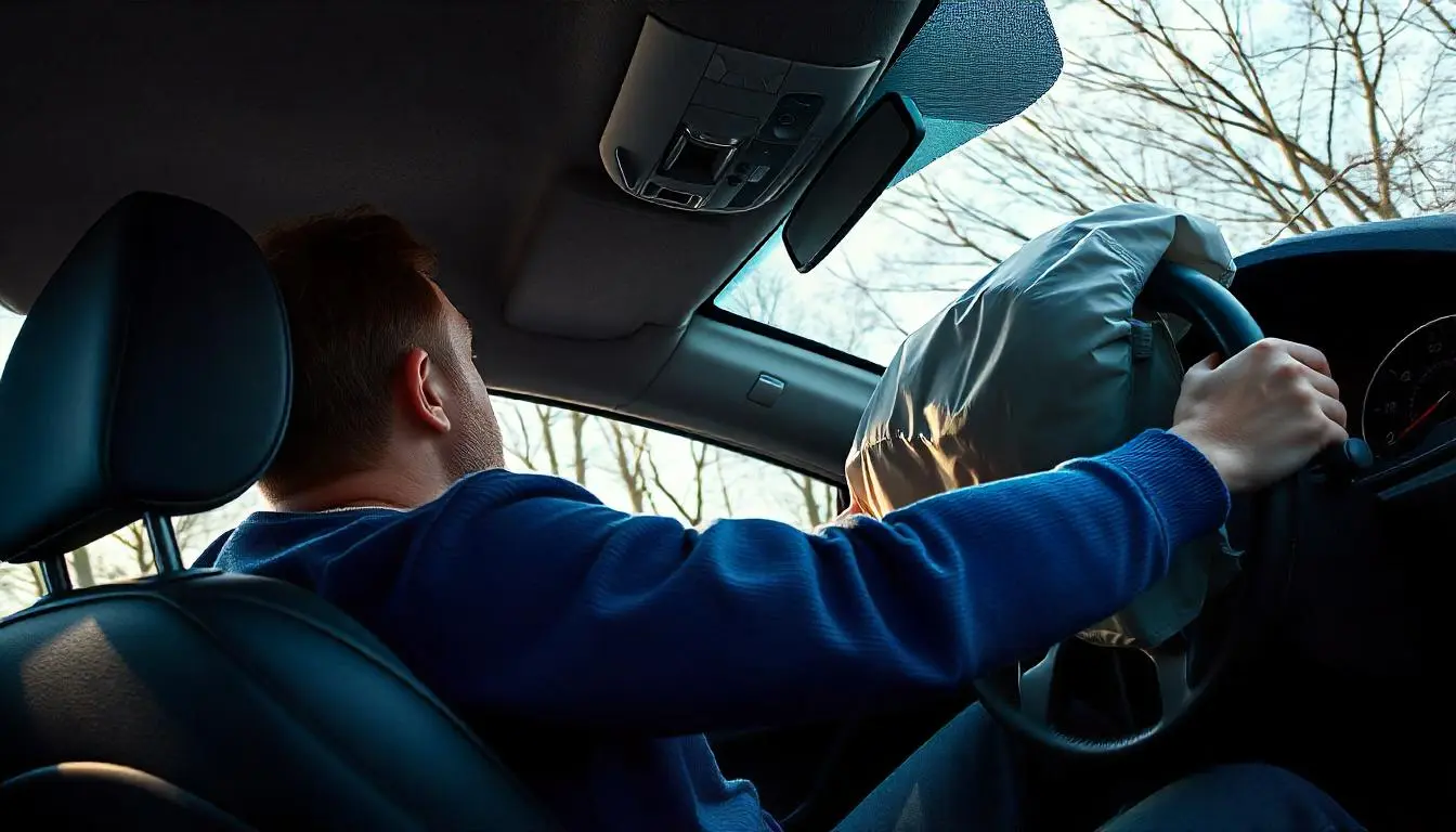 Un conducteur en pull bleu réagit au déploiement soudain de l'airbag dans l'habitacle sombre de sa voiture, capturé au moment précis de son expression de surprise.
