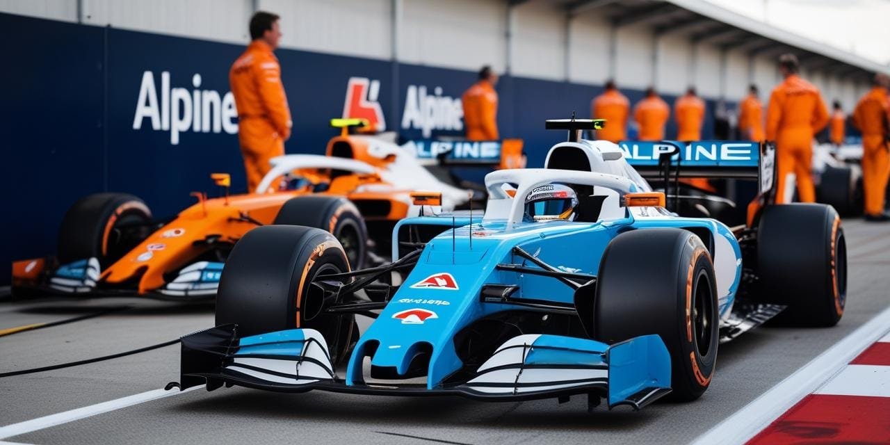 La monoplace Alpine F1 bleue aux accents blanc et orange dans la voie des stands, près du logo Alpine.