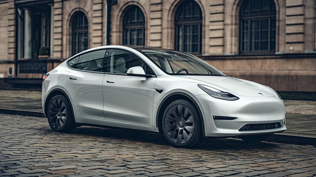 Une Tesla Model Y blanche garée sur une rue pavée devant un bâtiment ancien aux grandes fenêtres.