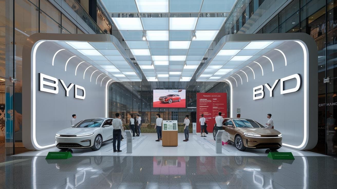 Showroom BYD moderne, deux voitures électriques, décor blanc lumineux, personnel, clients, signalétique brillante.
