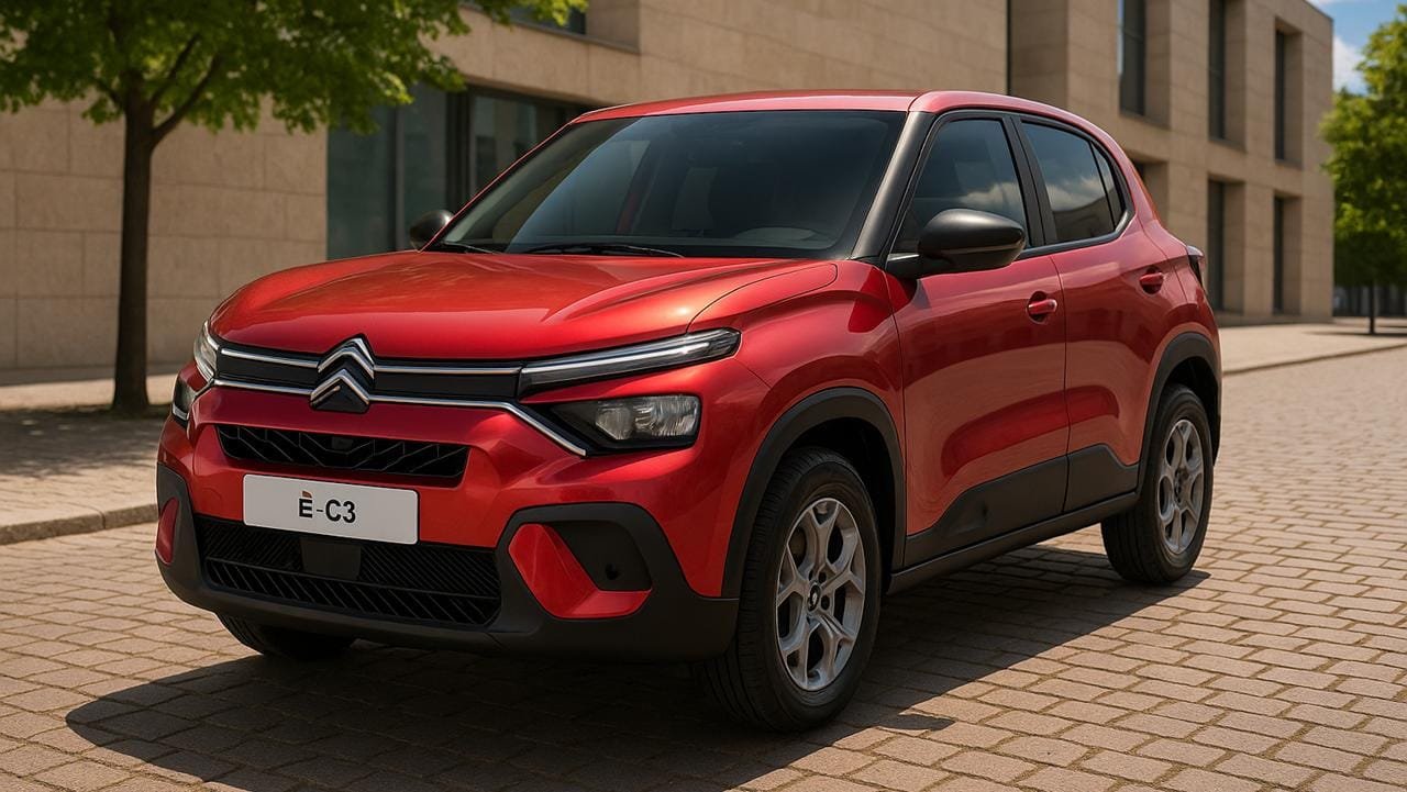 La Citroën ë-C3 rouge est stationnée sur une rue pavée, entourée d’immeubles modernes.