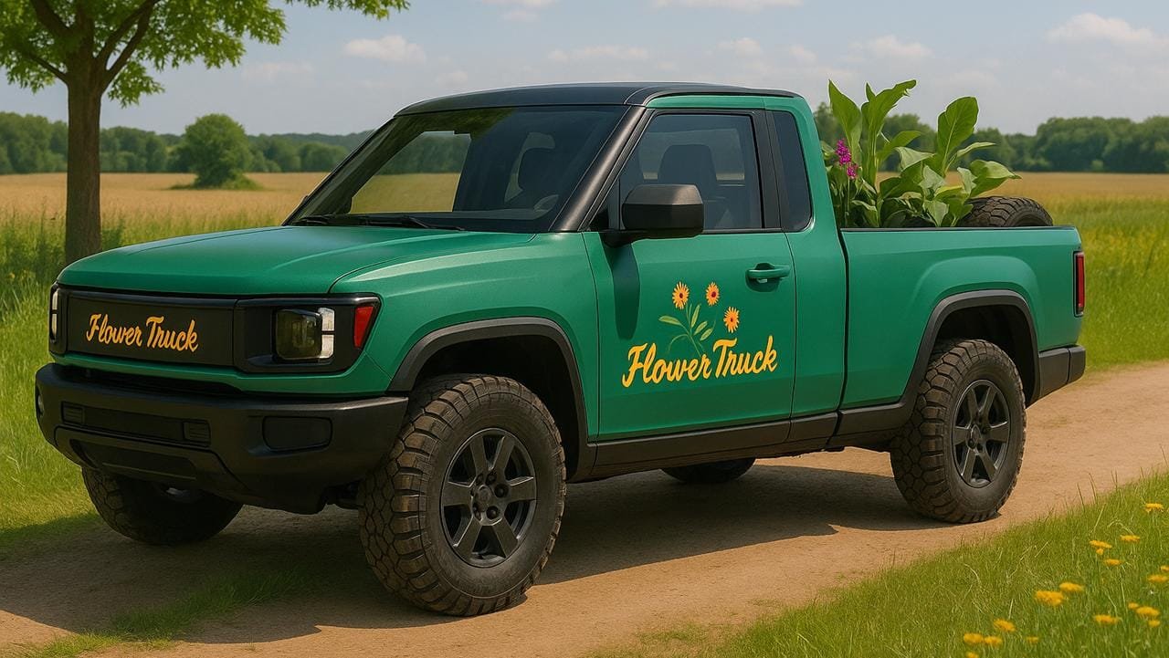 Un pick-up électrique Slate rouge, décoré de fleurs, est garé sur un sol sablonneux, entouré de verdure.
