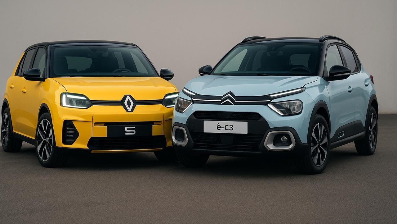 2 voitures modernes, une jaune Renault et une bleue Citroën, côte à côte.
