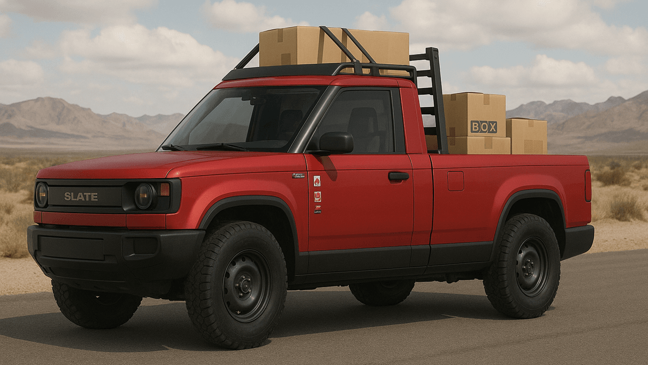 Un pick-up rouge à cabine simple de marque "SLATE" avec un design utilitaire, des garnitures et des jantes noires. Le véhicule est chargé de cartons dans sa benne et sur une galerie de toit. Il est photographié sur une route désertique avec des montagnes en arrière-plan.