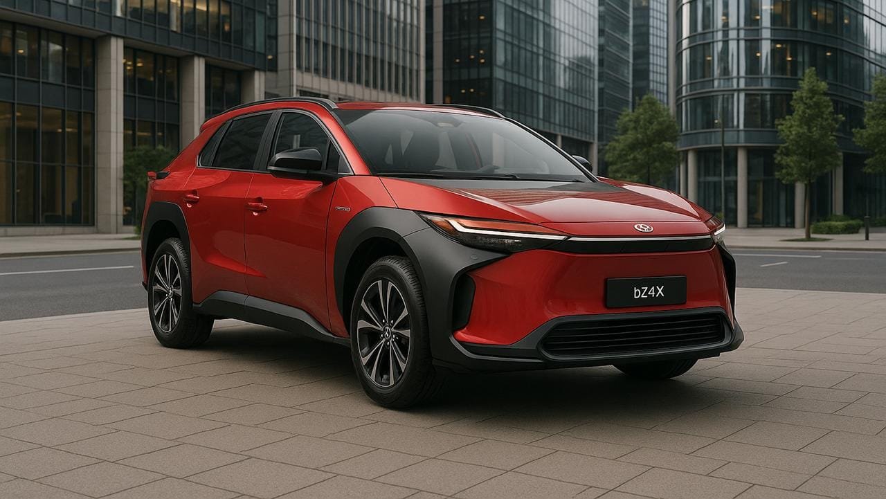 SUV Toyota bZ4X ou Toyota bZ 2026 rouge, design futuriste, stationné devant immeubles modernes en verre et acier.