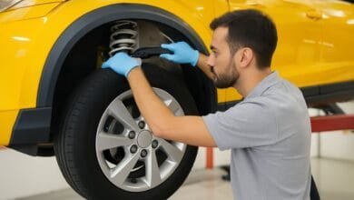 Un mécanicien inspecte un amortisseur de voiture jaune, concentré, portant des gants bleus et polo gris.