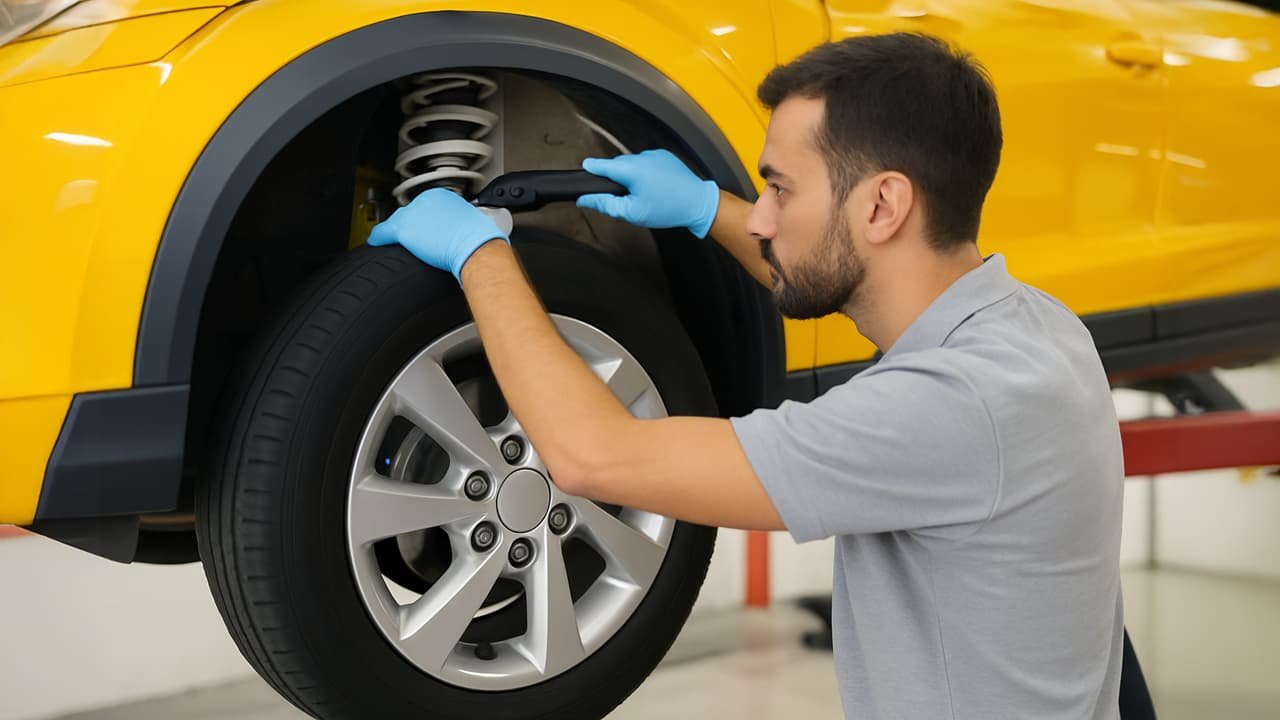 Un mécanicien inspecte un amortisseur de voiture jaune, concentré, portant des gants bleus et polo gris.
