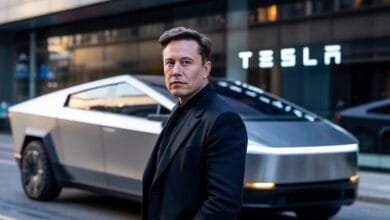 Elon Musk pose devant un Cybertruck, devant un showroom Tesla moderne.