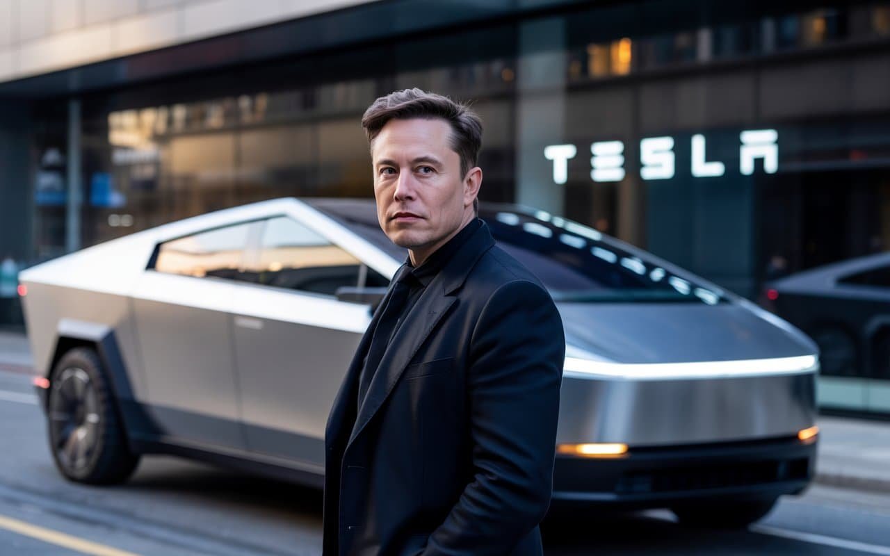 Elon Musk pose devant un Cybertruck, devant un showroom Tesla moderne.