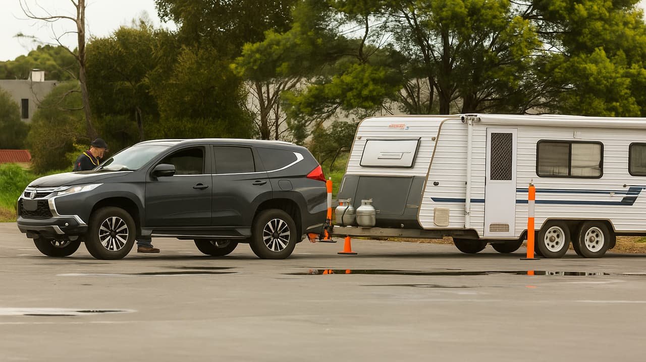 Un SUV gris tracte une caravane blanche, entourés d’arbres, cônes orange et surface mouillée.