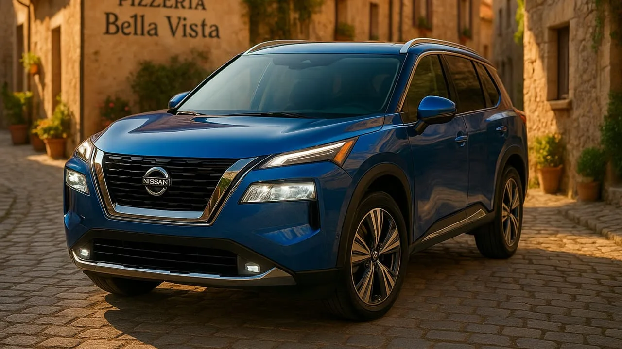 Un Nissan Rogue 2024 bleu, garé dans une ruelle pavée devant une pizzeria italienne pittoresque.