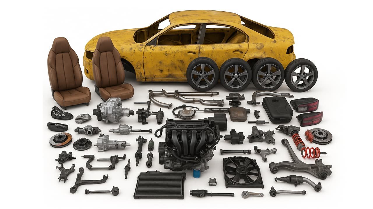 Carcasse jaune usée avec roues alignées, pièces détachées propres, moteur, sièges et composants exposés.