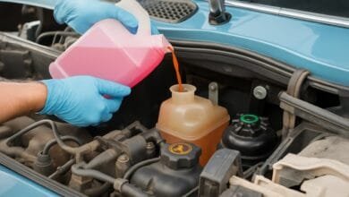 Une personne verse du liquide rose dans un moteur, portant des gants bleus, voiture bleu clair.