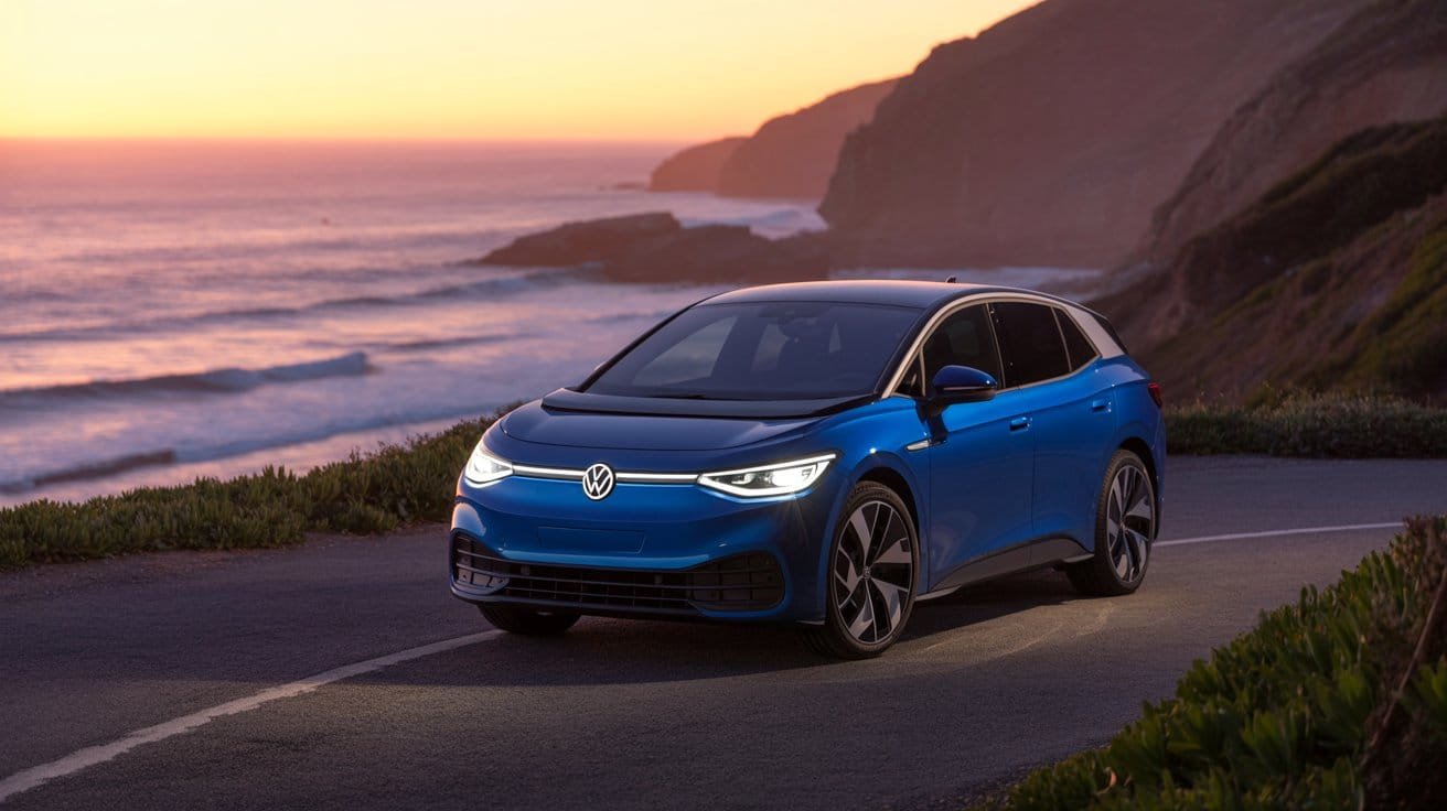 Volkswagen ID.4 bleue, éclairage LED allumé, route côtière, coucher de soleil, océan calme, falaise.