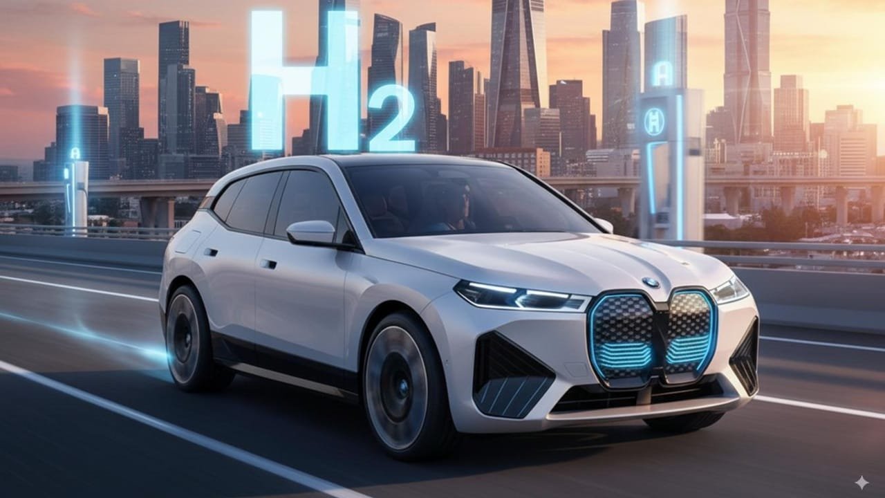 Un SUV BMW futuriste roule en ville, éclairage bleu hydrogène, symbole H2 flottant, design moderne et avant-gardiste, horizon urbain lumineux.